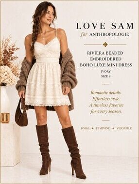 LOVE SAM Anthropologie Ivory Beaded Riviera Embroidered Mini Dress Boho Luxe S